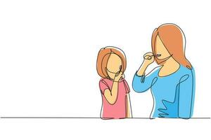 Single one line drawing mother teaching her daughter teeth brushing in bathroom. Routine habits for cleanliness and health of mouth and teeth. Continuous line draw design graphic vector illustration