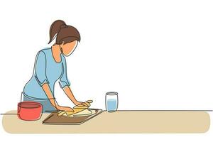 Single one line drawing young woman making cookie dough using rolling pin at kitchen table. Making bakery and homemade pizza at home. Modern continuous line draw design graphic vector illustration