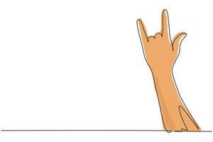 Roca de dibujo de línea continua única en símbolo de gesto. gesto de mano de heavy metal o resistencia. signos o símbolos no verbales. forma de variación de la mano. Ilustración de vector de diseño gráfico de dibujo de una línea