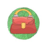 Single continuous line drawing women handbags collection of fashionable items. Bags with zippers and pockets. Swirl curl circle background style. One line draw graphic design vector illustration