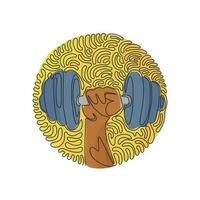 Continuous one line drawing athletic sportsman arm holding dumbbell. Fitness workout. Barbell and strong hand fist. Swirl curl circle background style. Single line design vector graphic illustration