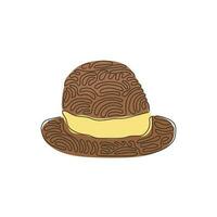 Single one line drawing fedora hat, side view, with tan leather band, indented crown and brims snapped up. Men head accessory. Swirl curl style. Continuous line draw design graphic vector illustration