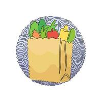 Single continuous line drawing grocery bag with vegetables. Paper package with produce. Paper bag in swirl curl circle background style. Dynamic one line draw graphic design vector illustration