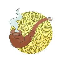 Single continuous line drawing smoking pipe with smoke. Tobacco pipe isolated. Tube for smoking tobacco. Swirl curl circle background style. Dynamic one line draw graphic design vector illustration