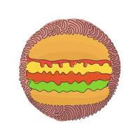 Single one line drawing hamburger, cheeseburger. Bun with cutlet, cheese, lettuce, tomato. Street fast food. Swirl curl circle background style. Continuous line draw design graphic vector illustration