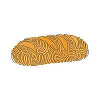 Continuous one line drawing baguette loaf of bread. White yeast bread. Appetizing long loaf for breakfast. Tasty bakery products. Swirl curl style. Single line draw design vector graphic illustration