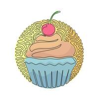 Single one line drawing yummy cupcake with cherry. Sweet tasty cake. Delicious dessert for dinner. Swirl curl circle background style. Modern continuous line draw design graphic vector illustration