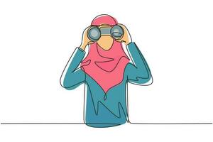 Single continuous line drawing Arab business woman looking through binoculars searching for job. Find all opportunities in the world of suitable jobs. One line draw graphic design vector illustration