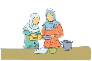 Single continuous line drawing Arabian mother and daughter pour oil into pan which is being held by one of them. Cooking preparation in cozy kitchen. One line draw graphic design vector illustration