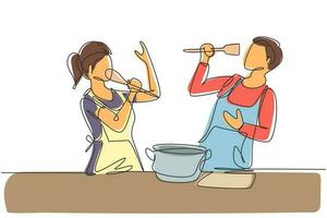 Continuous one line drawing happy romantic couple singing while cooking together, using spatula and broccoli as microphones. Kitchen fun concept. Single line draw design vector graphic illustration