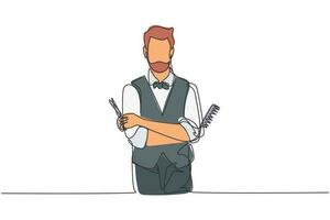 Continuous one line drawing empty place of virile harsh barber having his arms crossed, holding equipment in hand. Professional barber concept. Single line draw design vector graphic illustration