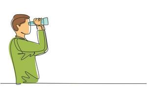 Continuous one line drawing young man looking in distance with binoculars. Enjoy beauty of nature as far as the eye can see. Find something interesting. Single line design vector graphic illustration