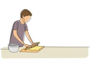 Dibujo de línea continua única joven haciendo masa para galletas con un rodillo en la acogedora mesa de la cocina. haciendo panadería y pizza casera en casa. Ilustración de vector de diseño gráfico de dibujo de una línea dinámica