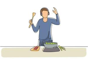 Single one line drawing young man cooking and listening to music in kitchen. Healthy food illustration. Healthy lifestyle concept. Cooking at home. Prepare food. Continuous line draw design graphic vector