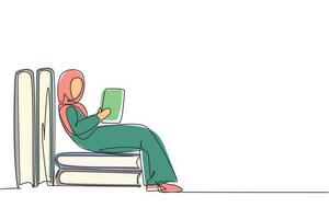 Continuous one line drawing young Arab woman reading, learning, sitting and backrest on pile of big books. Study at home. Smart student, education. Single line draw design vector graphic illustration