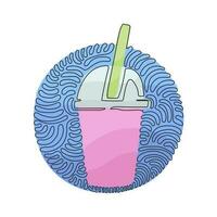 Continuous one line drawing cute Boba bubble milk tea. Delicious pearl milk tea in plastic cups. Popular drink. Swirl curl circle background style. Single line draw design vector graphic illustration