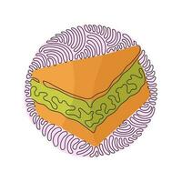 Single one line drawing of delicious juicy sandwiches filled with vegetables, cheese, meat, cutlet. Swirl curl circle background style. Modern continuous line draw design graphic vector illustration