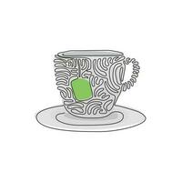 taza de dibujo de una línea continua con bolsita de té. bebidas calientes de té verde para el desayuno. disfrute de la frescura y la relajación por la mañana. estilo de rizo de remolino. ilustración gráfica de vector de diseño de dibujo de una sola línea