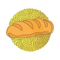 Single continuous line drawing baguette loaf of bread. White yeast bread. Appetizing long loaf. Bakery products. Swirl curl circle background style. One line draw graphic design vector illustration