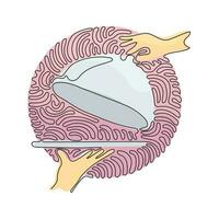 cloche de bandeja abierta de dibujo de línea continua única en la mano. plato de restaurante en elegante mano de camarero. bandeja para servir comida. estilo de círculo de rizo de remolino. Ilustración de vector de diseño gráfico de dibujo de una línea dinámica