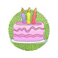 Single one line drawing birthday cake with three candles burning. Tasty dessert main dish of birthday party. Swirl curl circle background style. Continuous line draw design graphic vector illustration