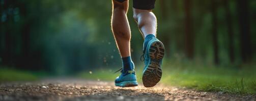 Close up Athlete runner feet running on the road. Running for healthy life background. photo