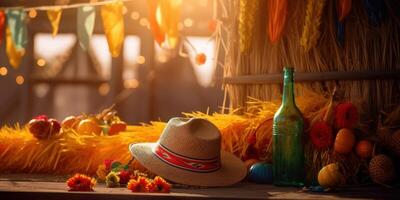 Straw hat festa junina background, Brazilian party and Latin american festival. photo