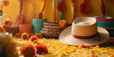 Straw hat festa junina background, Brazilian party and Latin american festival. photo