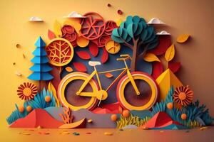 World bicycle day colorful background in paper cut style. Eco friendly bicycle concept. photo