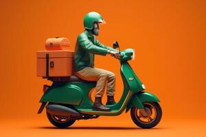 Delivery man ride scooter motorcycle for online delivery service on orange background. photo