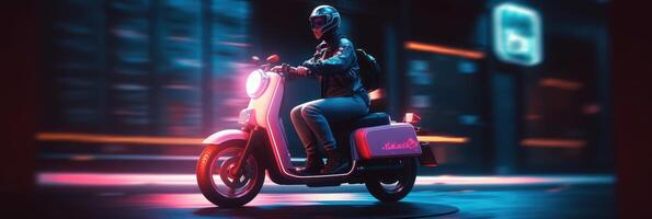 Delivery man ride scooter motorcycle at night with neon lights, Motion blur cityscape background. photo