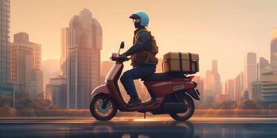 Delivery man ride scooter motorcycle with motion blur cityscape background. photo