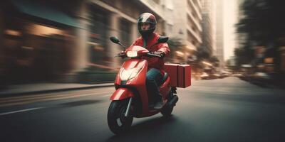 Delivery man ride scooter motorcycle with motion blur cityscape background. photo