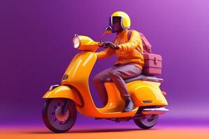 Delivery man ride scooter motorcycle for online delivery service on purple background. photo