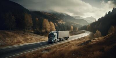 camión conducción en el la carretera con hermosa paisaje movimiento difuminar antecedentes. generativo ai foto