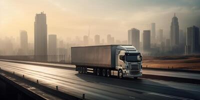 Truck driving on the road with cityscape motion blur background. photo