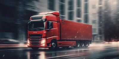 Truck with cargo driving on the road with cityscape motion blur background. photo