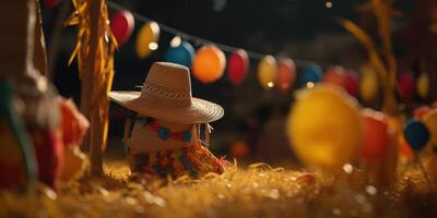 Straw hat festa junina background, Brazilian party and Latin american festival. photo