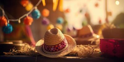 Straw hat festa junina background, Brazilian party and Latin american festival. photo