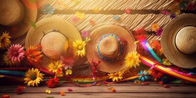 Straw hat festa junina background, Brazilian party and Latin american festival. photo