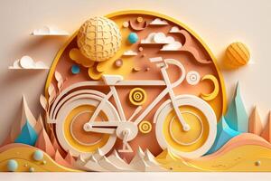 World bicycle day colorful background in paper cut style. Eco friendly bicycle concept. photo