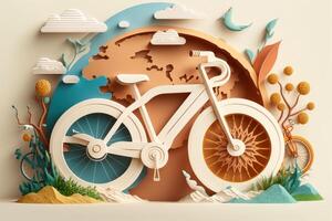 World bicycle day colorful background in paper cut style. Eco friendly bicycle concept. photo