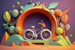 World bicycle day colorful background in paper cut style. Eco friendly bicycle concept. photo