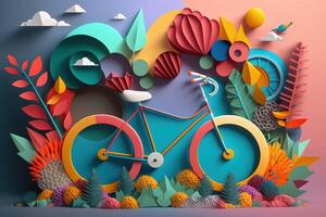 World bicycle day colorful background in paper cut style. Eco friendly bicycle concept. photo