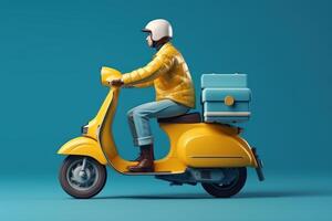 Delivery man ride scooter motorcycle for online delivery service on blue background. photo