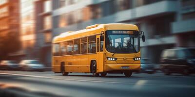 Bus driving on the road with cityscape motion blur background. Traveling and transportation. photo