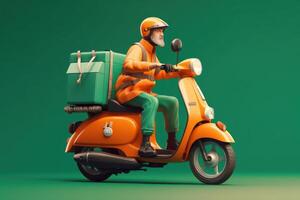Delivery man ride scooter motorcycle for online delivery service on green background. photo