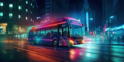 Bus driving on the road at night with glowing neon lights motion blur background. photo
