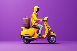 Delivery man ride scooter motorcycle for online delivery service on purple background. photo
