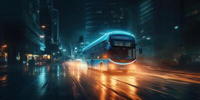 Bus driving on the road at night with glowing neon lights motion blur background. photo